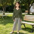thumbnail image 5 of SGFCWSX Girls 2 Piece Outfits Bell Sleeve V Neck Peplum Tops Striped Wide Leg Pants Casual Clothes Set Green Size 13, 5 of 8