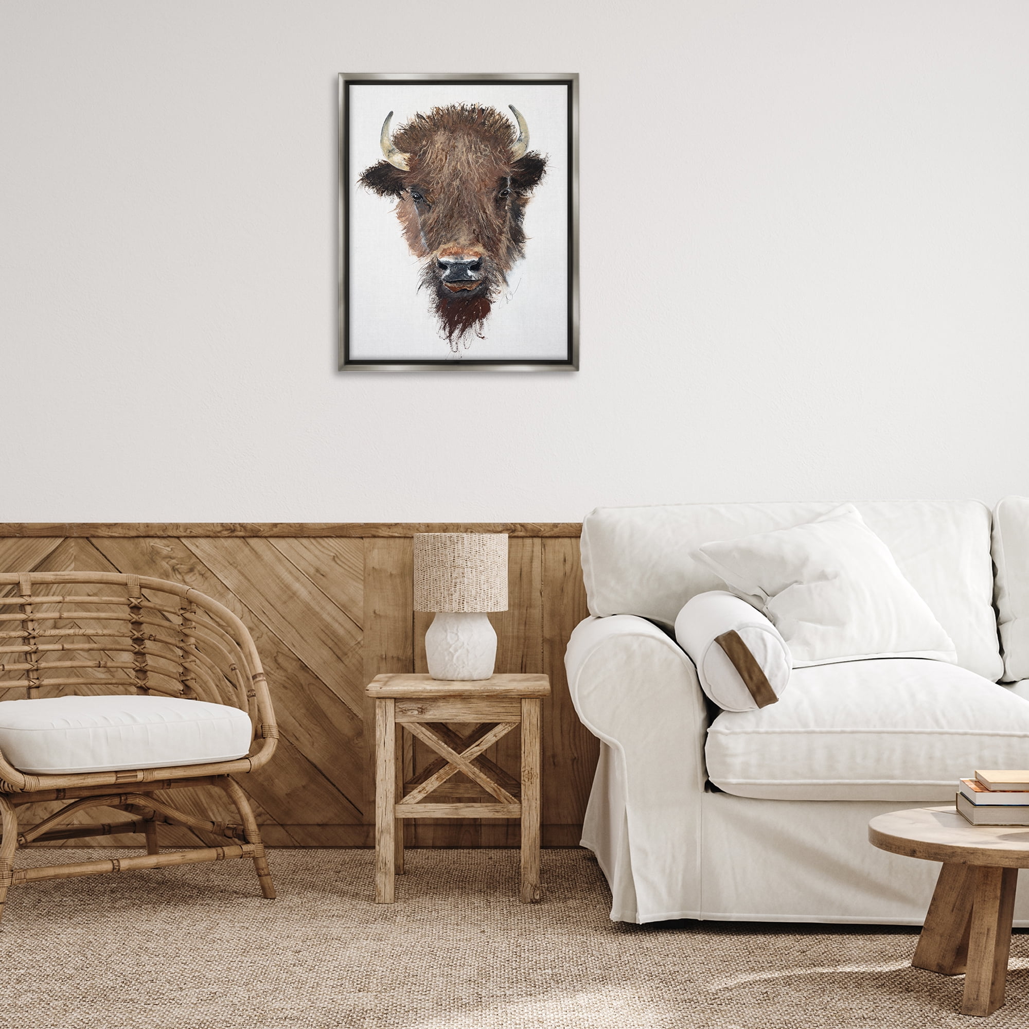 Stupell Industries Western Bison Visage Animals Painting Gray Floater Framed Canvas Art Print Wall Art, 25 x 31