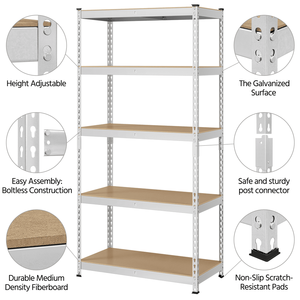 Alden Design 5-Shelf Boltless & Adjustable Steel Storage Shelf Unit, Silver, Holds up to 705 lb Per Shelf, 2 Pack