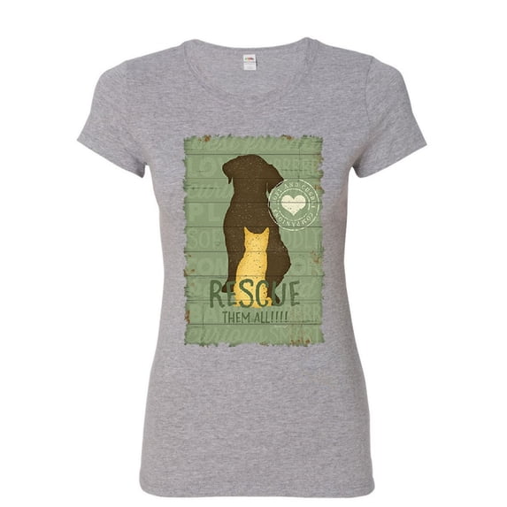 Tee Hunt Rescue Them All Women's T-Shirt Animal Shelter Dog Cat Paw Kitten Puppy Shirt, Gray, Medium