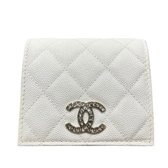 Pre-Owned CHANEL Chanel folding wallet, caviar leather, white, matelass, compact wallet