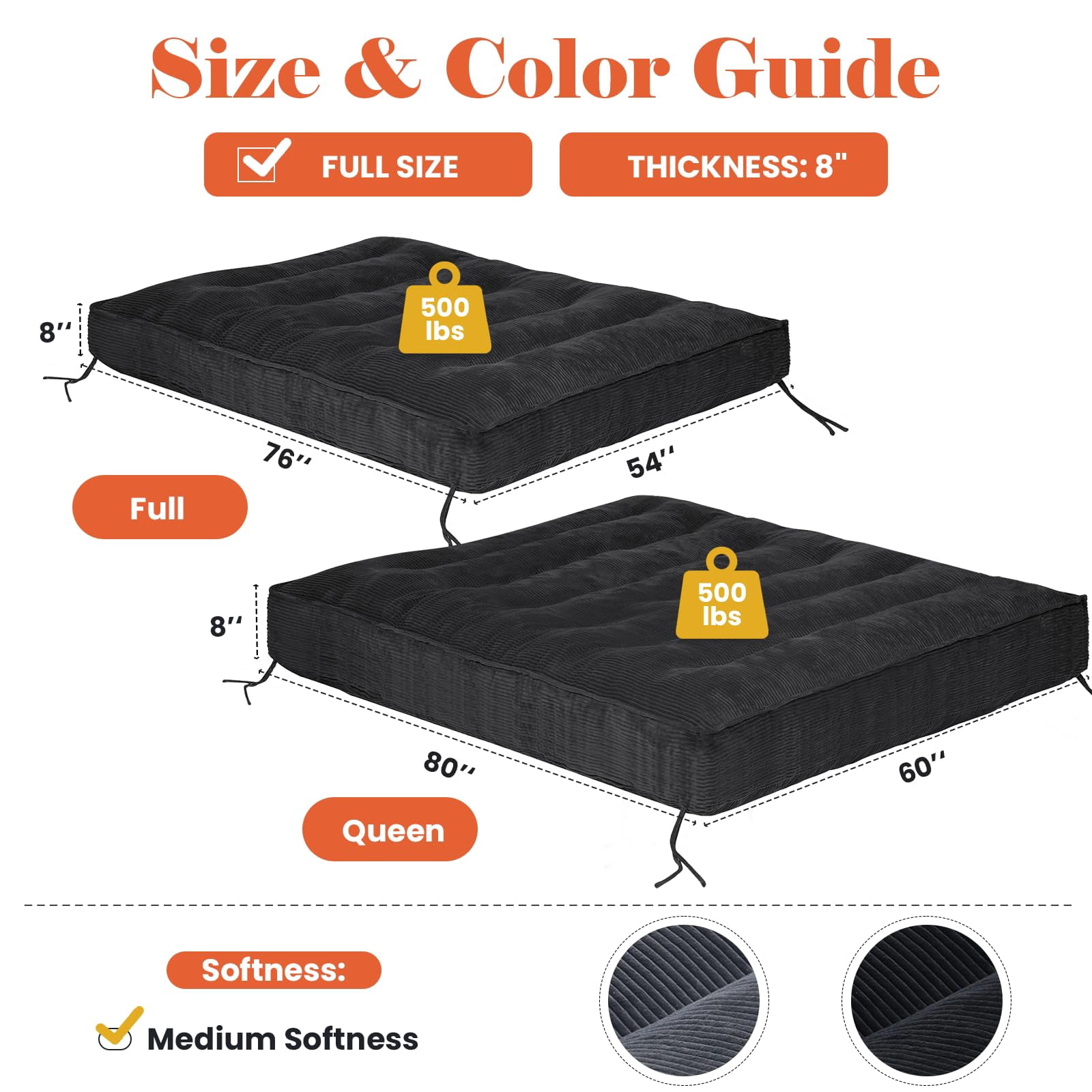 8 Inch Futon Mattress Full Size, Futon Floor Sofa Bed Foldable with Soft Corduroy Fabric  - 2 Storage Straps for Home, Guest Room, Dorm(Frame Not Included)