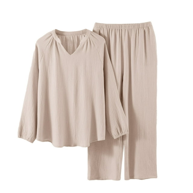 Jindong Pyjama pour Femmes Ensemble Dames Pyjama en Pur Coton Teint en Fil avec Manches de Neuf Minutes et Cardigan Ensemble de Robe de Maison Tout Coton Tenue d'Intérieur pour Femmes