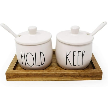 

Rae Dunn HOLD KEEP 5 Piece Ceramic Condiment Pots Container Jars Set With Lids Serving Spoons & Wood Tray