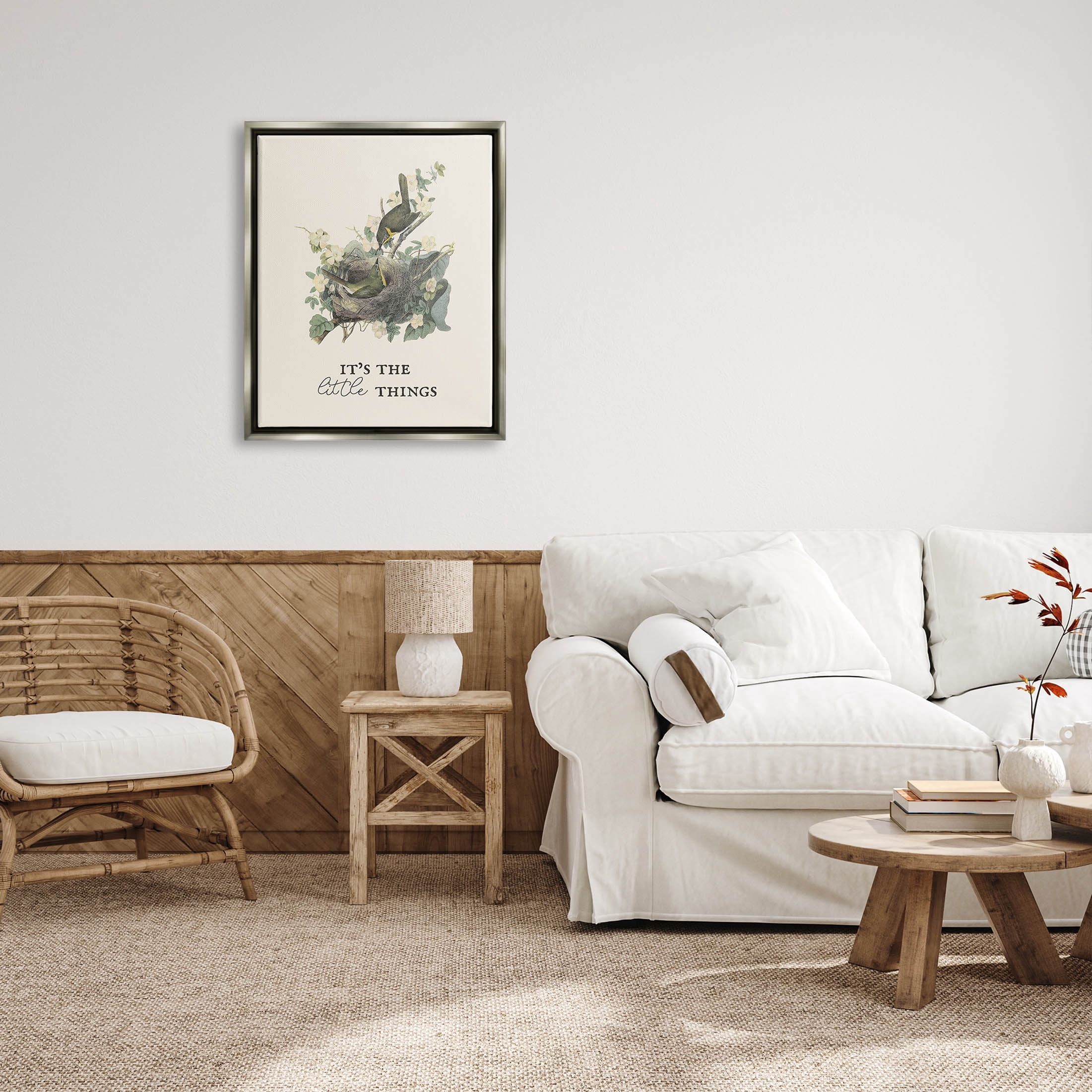 Stupell Industries It's The Little Things Bird Nest Graphic Art Luster Gray Floating Framed Canvas Print Wall Art, Design by Lil' Rue