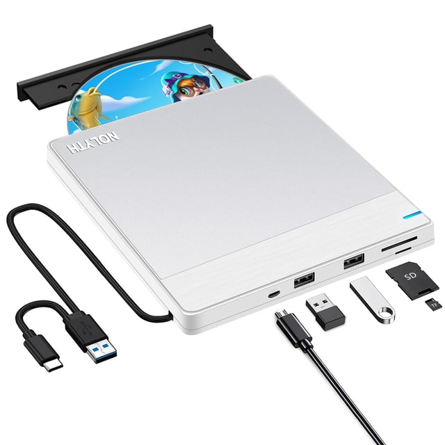 NOLYTH Unidad de CD externa para Mac USB C SuperDrive para Apple, grabadora de CD delgada, reproductor de DVD para computadora portátil con ranuras SD TF 2 USB, unidad de DVD portátil CD ROM Lector de