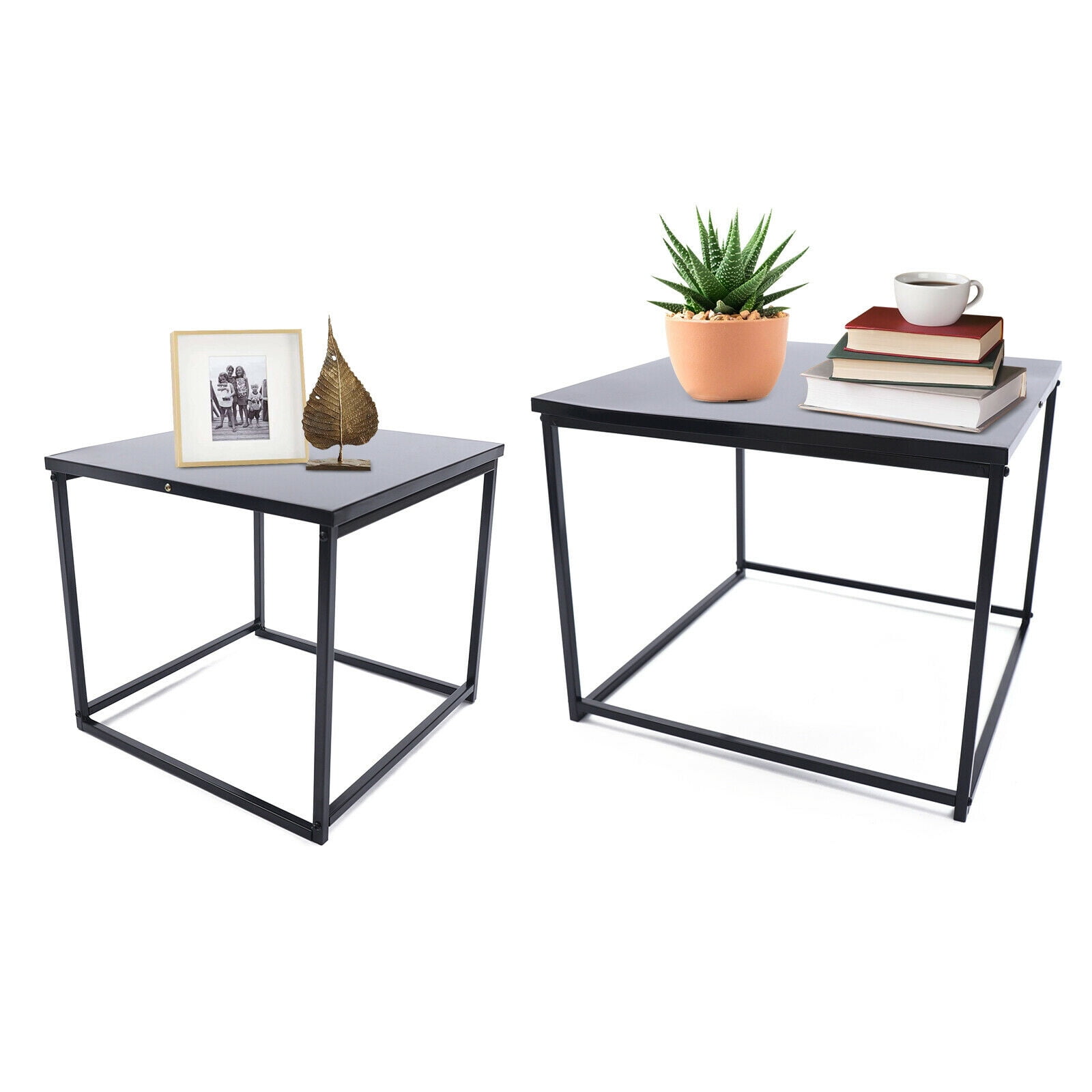 Oukaning 2Pcs Metal Side Table Square Storage End Table Coffee Tables Black for Home Office