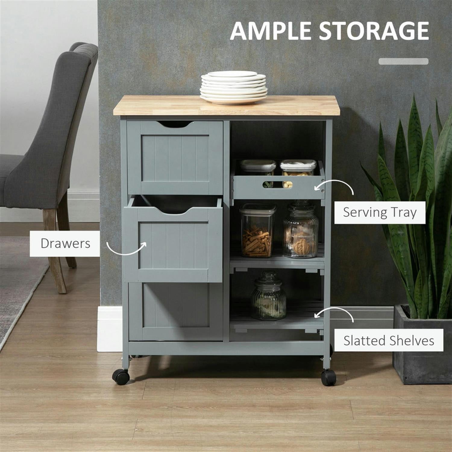 Demi Bonn 33" Kitchen Island Cart on Wheels with Storage, Rolling Dining Room Serving Utility Carts Mobile Movable with Wood Top and Drawer, Gray