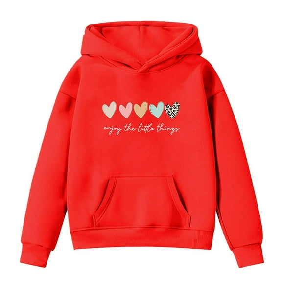 KHONTS Girls Hooded Sweatshirt Long Sleeve Heart Printed Tops Soft Comfortable Fall Casual Fashion Pullover Hoodie for Kids,Sizes 3-14 Years