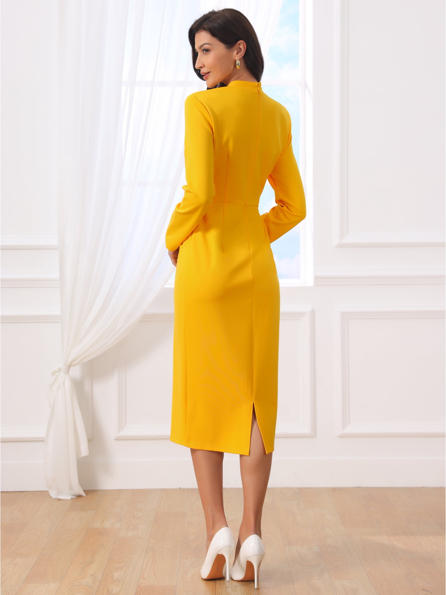 DARING DIVA Women's Elegant Pencil Dress Lapel V Neck Long Sleeve Dress XL Yellow