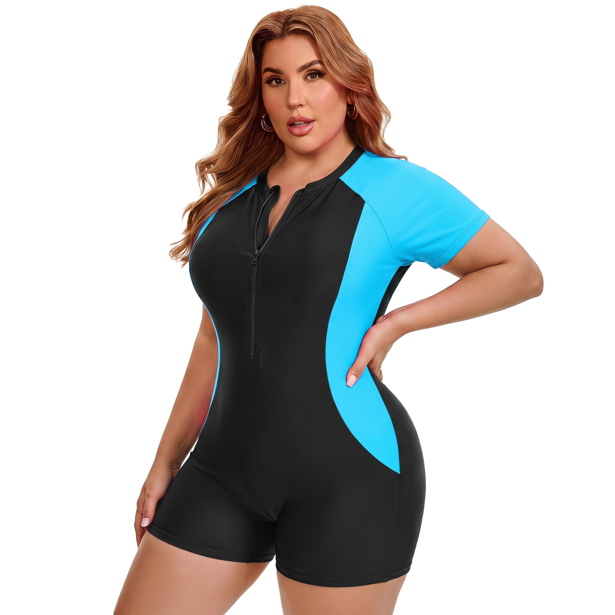 DARING DIVA Women's Plus 1 Piece Zip Front Short Sleeve Swimsuit 4X Black Blue