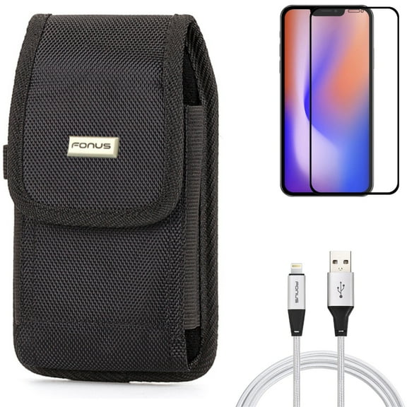 10ft USB Cable & Screen Protector & Case Belt Clip for iPhone 13/Pro ONLY - Charger Cord Power Wire   Anti-Glare Tempered Glass Matte   Rugged Holster Canvas Combo
