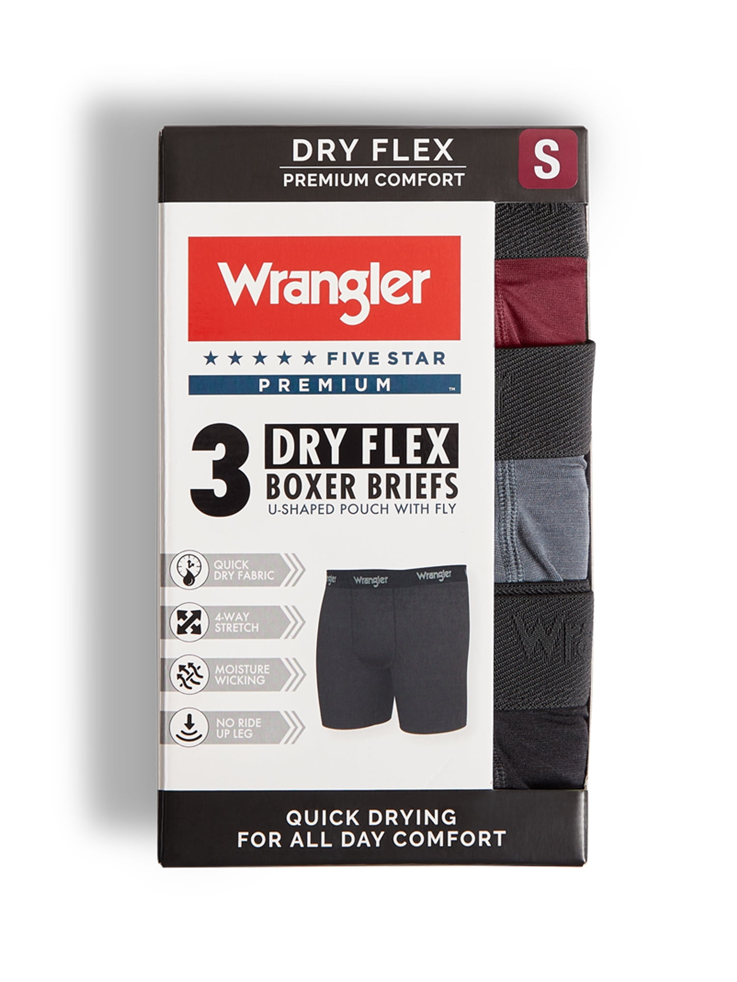 Wrangler Dry Flex 6" Wool Boxer Brief Men's Underwear, Large, Tibetan Red/Black/Charcoal, 3-Pack