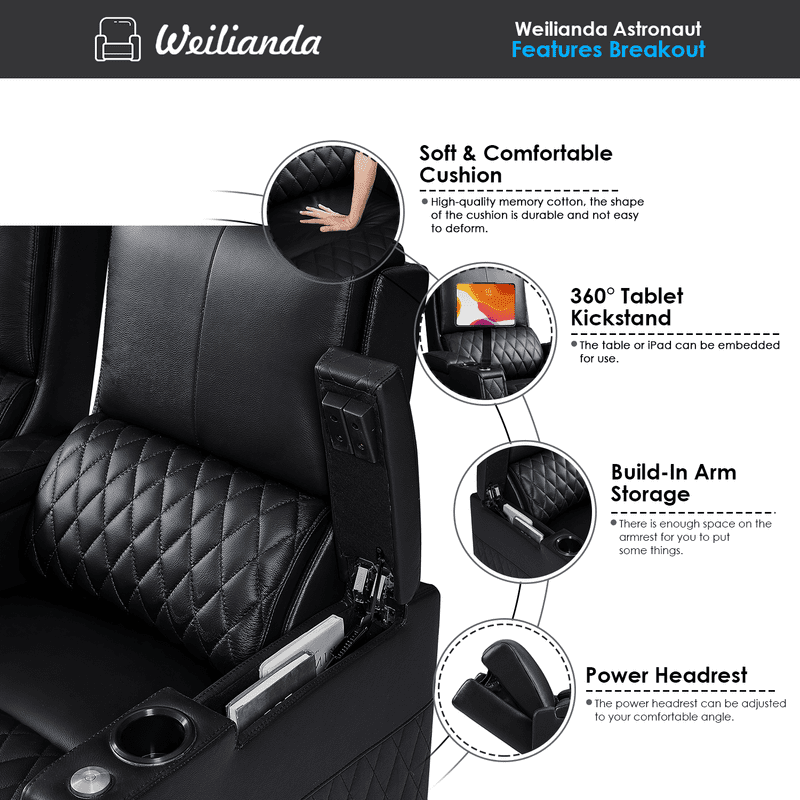 Weilianda Astronauts Reclining Sofa Electricity Recliner Zero Gravity Chair Top Grain Leather Movie Chair Gaming Sofa with Tray Table USB Charging Cup Holders,Row of 3 Black