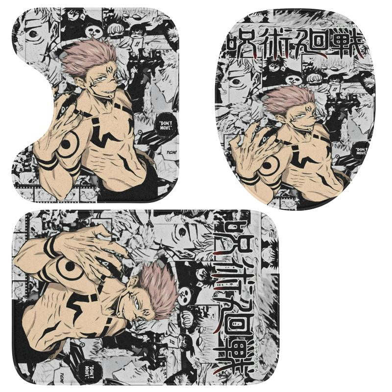 Lheaggik Anime Jujutsu Kaisen 4 Pcs Bathroom Sets with Shower Curtain and Rugs, Waterproof Polyester Shower Curtain Sets with Hooks