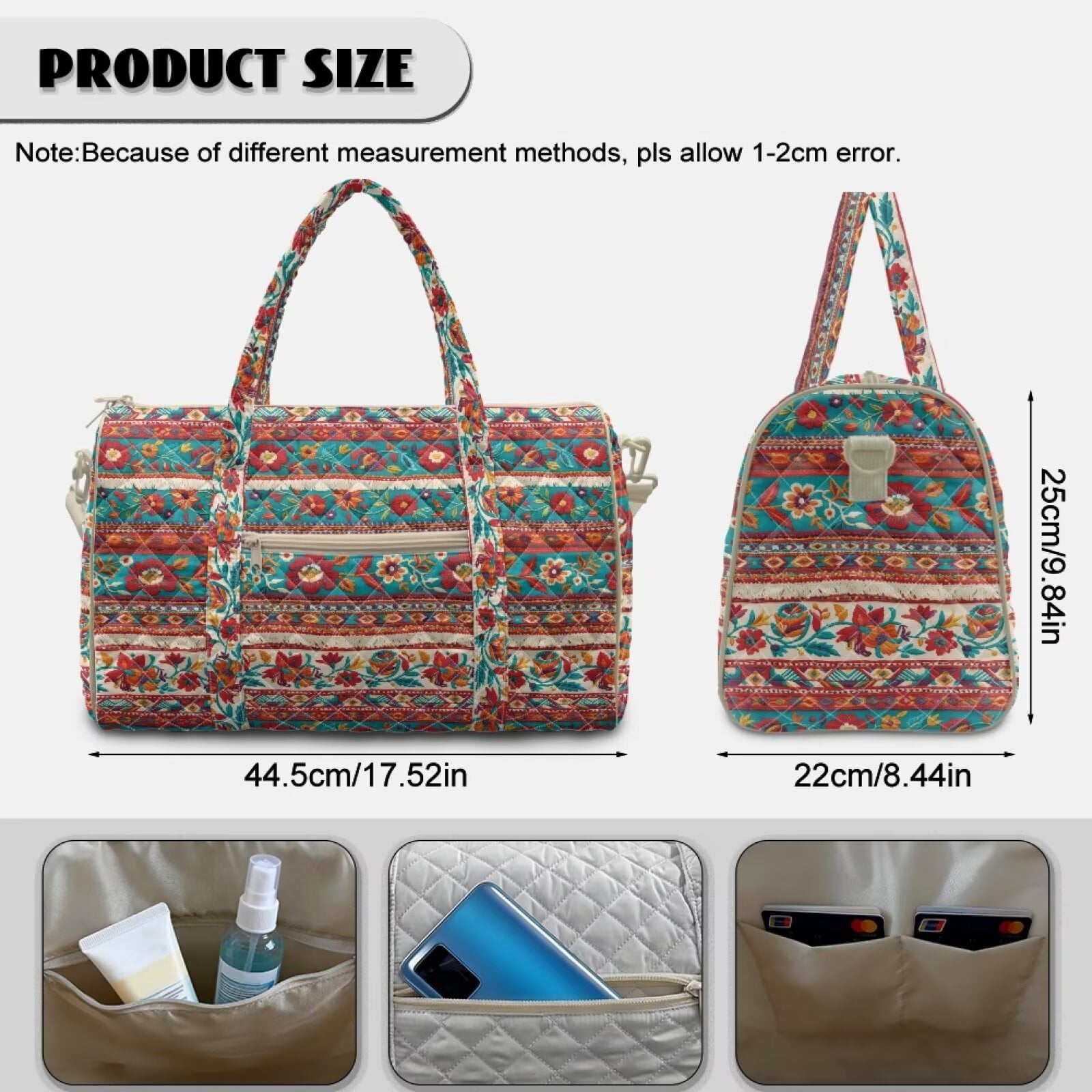 Pzuqiu Boho Floral Quilted Weekender Bag for Women Large Capacity Lightweight Travel Duffle Tote Carry On Overnight Gym Bag with Zipper and Luggage Sleeve Travel Tote Bags
