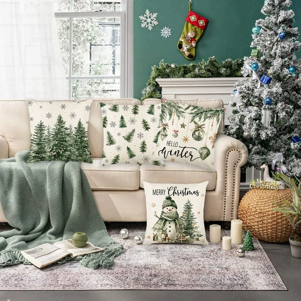 Juego de 4 fundas de almohada navideñas | Estampado de Papá Noel, muñeco de nieve y árbol de Navidad | Decoración navideña de poliéster de 45 x 45 cm | Fundas de cojín para dormitorio y sala de estar
