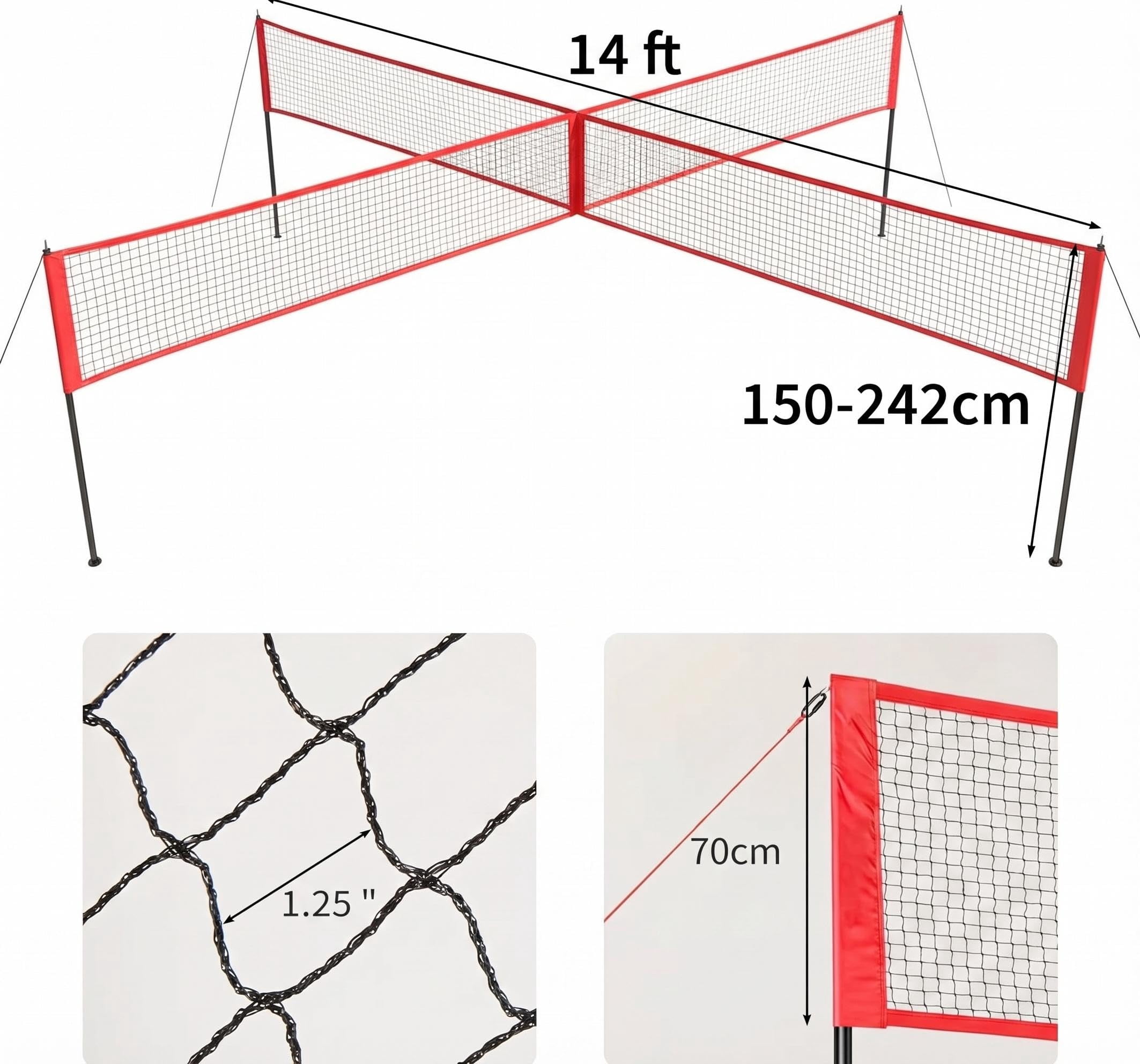 14FT 4-Square Cross Volleyball Net System with 3 Adjustable Heights, PE Outdoor Multiplayer Game Set with Ball, Pump & Carry Bag, Black/Red