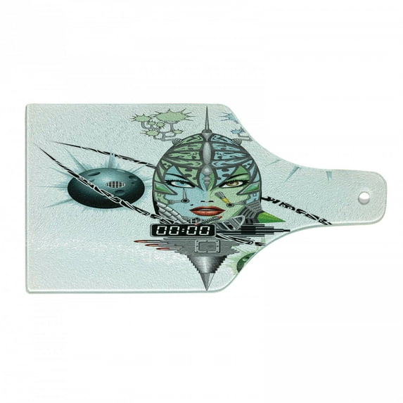 Colorful Cutting Board, Pattern of Futuristic Girl Fantasy World Items Clock and Planets, Decorative Tempered Glass Cutting and Serving Board, in 3 Sizes, by Ambesonne