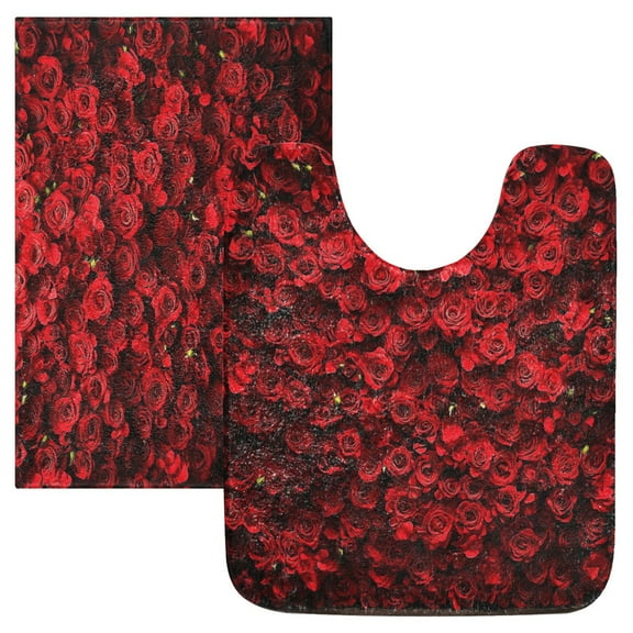 2 Piece Soft Bathroom Rug Set Wall Of Red Roses Bath Mat and U-Shaped Toilet Contour Rug (16"x24" 20"x24")