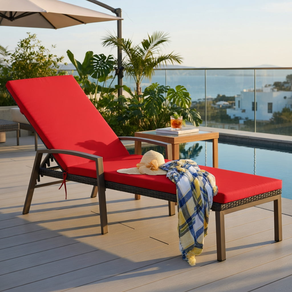 Hommoo 2-Pack Outdoor Rattan Reclining Chaise Lounge Chairs with Removable Cushions, 5-Position Adjustable Backrest for Patio, Deck or Poolside, Red