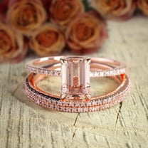 Sale 2.50 Carat 7x5mm Emerald Cut Morganite and Diamond Moissanite 3 Rings Set , 1 Engagement Ring and 2 Wedding Bands with 18k Gold Plating