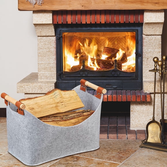 Cesta De Leña Gruesa, Gran Cesta De Leña, Para Chimenea, Estilo Moderno, Leña Fácil De Transportar, Asa De Madera, 45x32x40 Cm, Para Cocina, Alta Capacidad, Leña Duradera, Ideal Para Hogar,