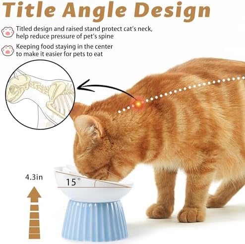 Ceramic Raised Cat Bowl，Tilted Raised Bowl Anti Vomit for Indoor Cats Whisker Friendly Pet Feeder for Cats Puppies, Microwave and Dishwasher Safe (Pink)