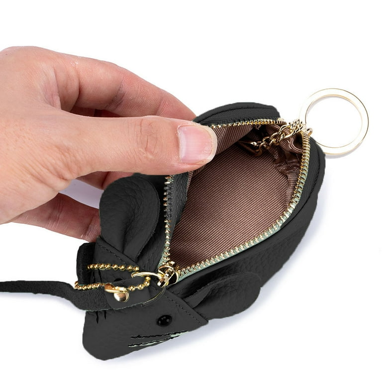 Women's Genuine Leather Coin Purse Mini Pouch Change Wallet with Key Ring, Black