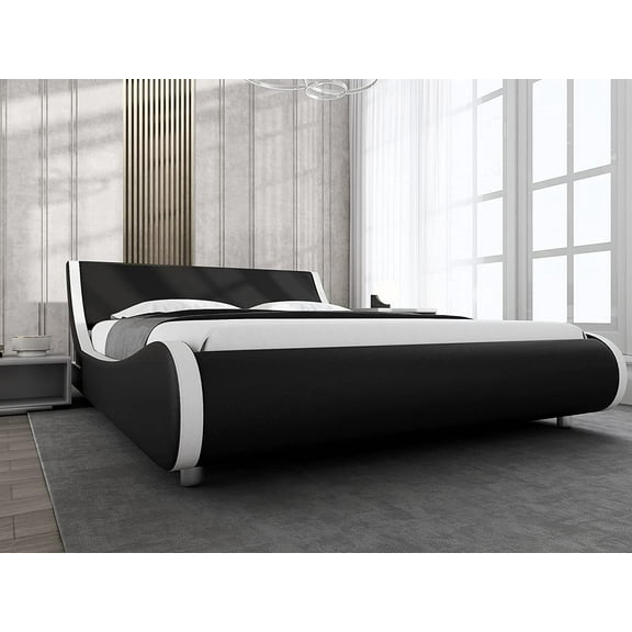 Allewie Low Profile Wave-Like Queen Size Platform Bed Frame with Leather Curved Adjustable Headboard, Black and White Border