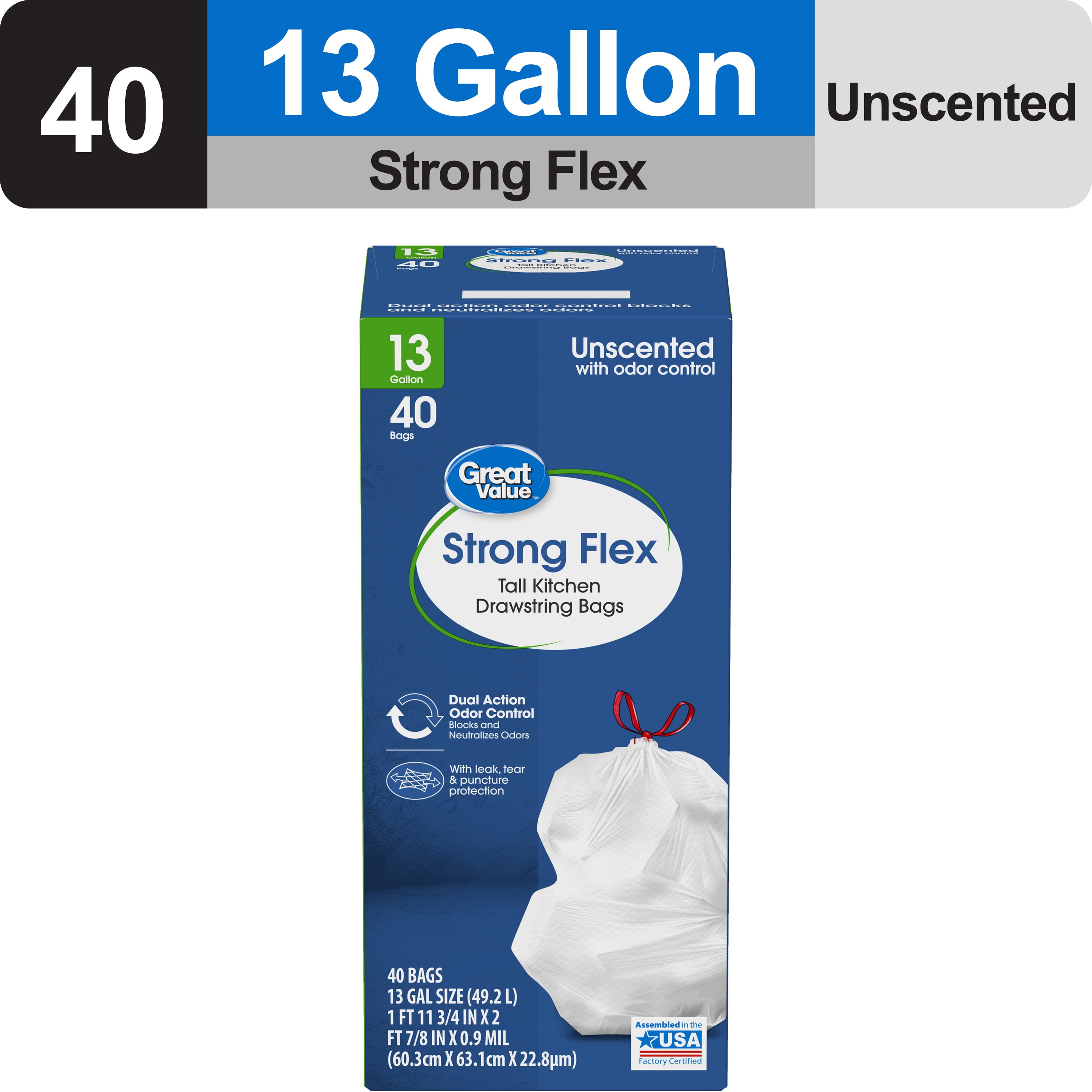 (6 pack) Great Value Strong Flex Tall Kitchen Drawstring Bags, 13 Gallon, Unscented, 40 Count