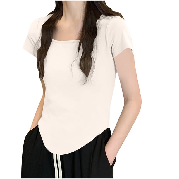 Camiseta de Trabajo de Manga Corta Nueva Camiseta de Cuello Redondo de Color Sólido de Corte Bajo, 95% Poliéster 5% Blusa de Spandex, Lavado a Mano de Uso Diario