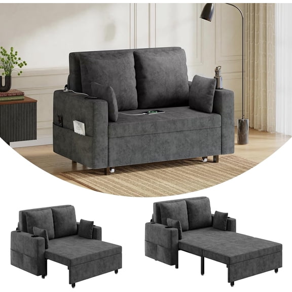 3 in 1 Pull Out Couch, 56 Inch Convertible Sleeper Sofa Bed, Loveseat Sofa Couch with Cup Holders, USB & Side Pocket, Modern Loveseat for Living Room, Bedroom, Includes Toss Pillows, Gray