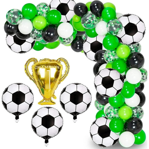 Kit de arco de guirnalda de globos para fiesta de fútbol, 111 piezas de globos de confeti verdes, blancos y negros con globos de lámina de Mylar de copa de campeón de fútbol