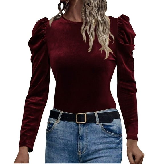 aidice Womens Tops Casual Long Sleeve Round Neck Fleece Shirts Ruched Comfy Fitting Solid Color Blouses