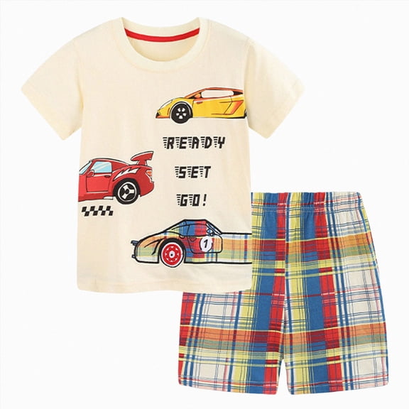 Little Boy Clothes Set Toddler Baby Race Car Print T-Shirt and Plaid Shorts 2-Piece Summer Outfit Toddler Boy Short Set