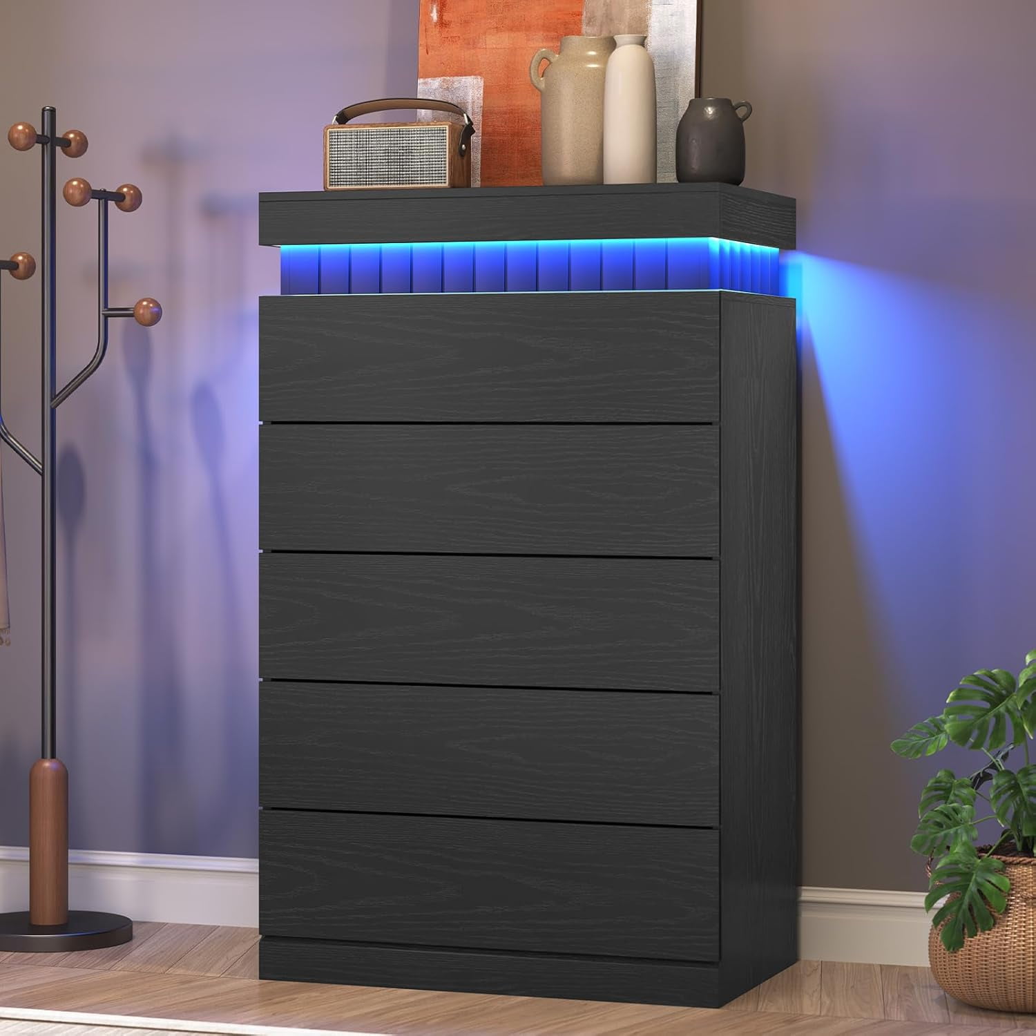 Weiplehoom Black 5 Drawer Dresser with Power Outlet & LED Lights, Modern Chest of Drawer Cabinet with Sliding Top, Floating Dressers for Bedroom, Living Room, Entryway, Hallway