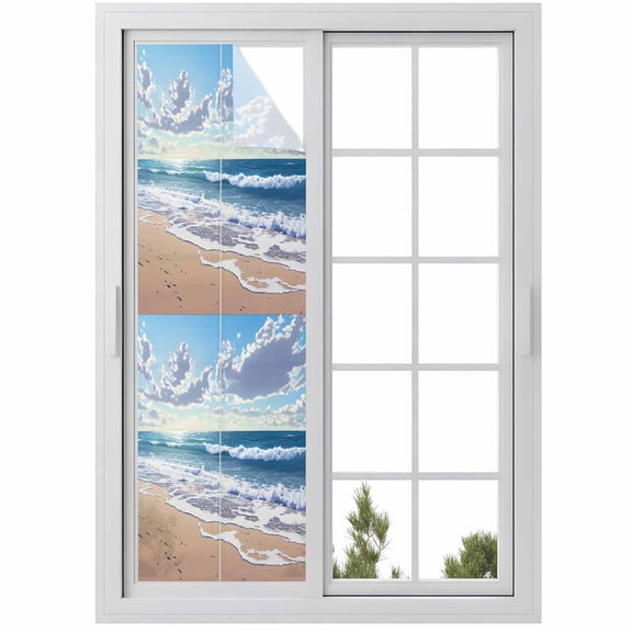 Blue Ocean Window Privacy Film Waves Beach Cloudy Sky Nature Seaside Scenery Decorative Glass Window Film UV Blocking Static Cling Non-Adhesive Sticker Covering for Home Door 17.7 x 78.7 inches