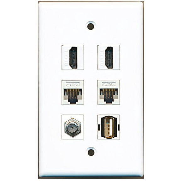 RiteAV - 2 HDMI 1 Port Coax Cable TV- F-Type 1 Port USB A-A 2 Port Cat5e Ethernet White Wall Plate