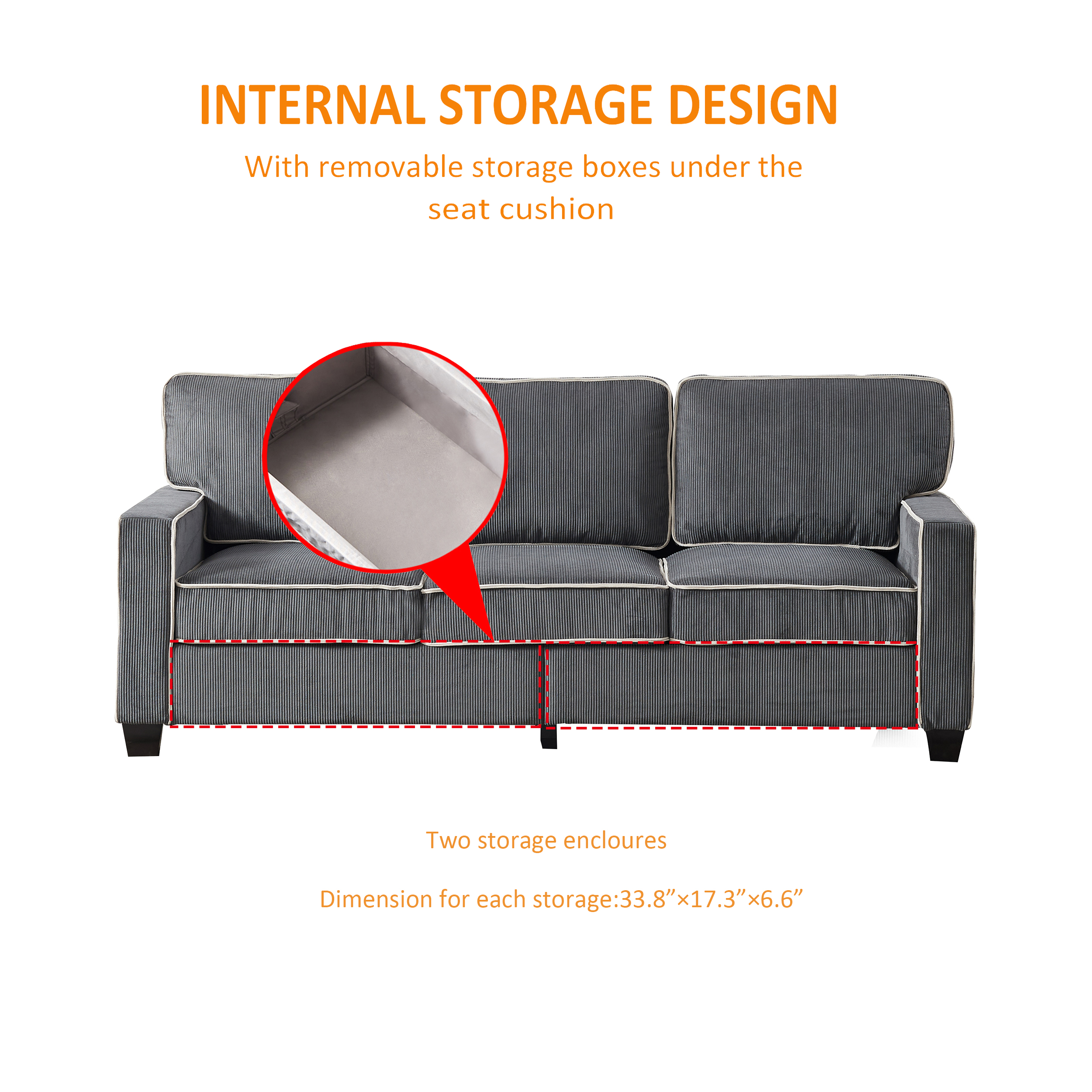 DEALTOPS Modern Sectional Sofa Corduroy Upholstered Sleeper Sofa Couch 3 Seater Sofa Chair for Living Room - Gray