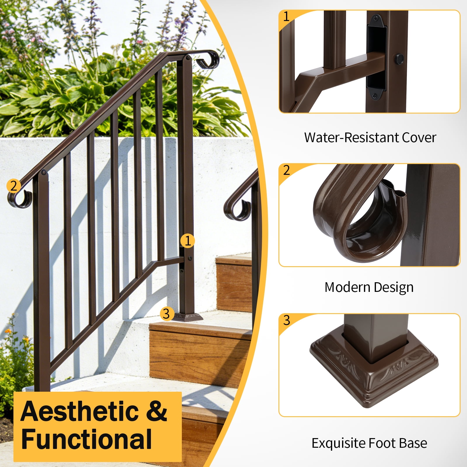 Copper Galvanized Iron Stair Handrail Curved Step Railing Fit 2-3 Steps Outdoor Garden Steps Rust Resistant Powder Coated Safety Picket Rail With Mounting Hardware