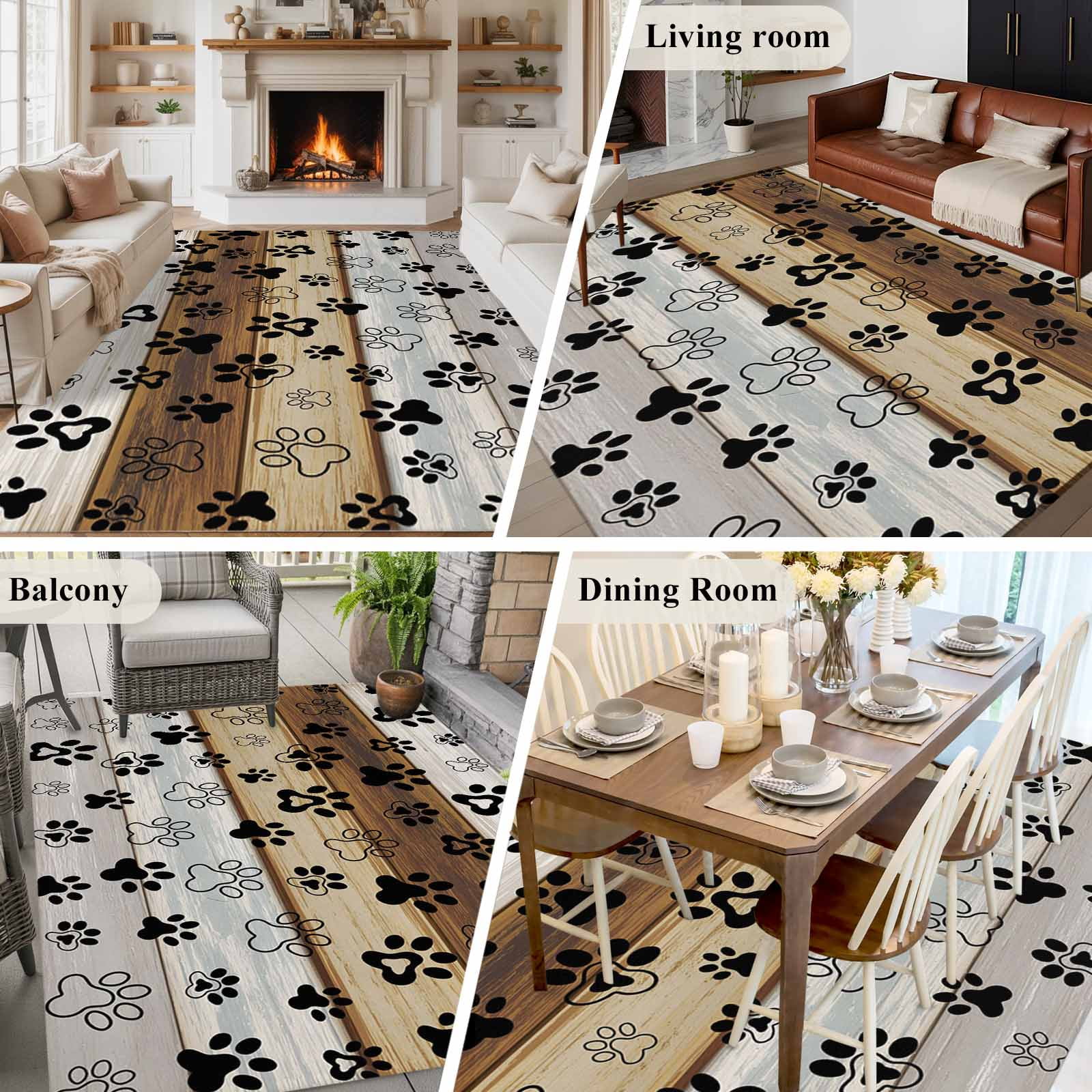 Area Rug for Living Room, Cute Dog Claws Non-Slip Indoor Large Carpet for Bedroom/Dining Room, Farmhouse Brown Grey Wooden Puppy Pawprints Washable Low-Profile Rectangle Floor Runner Rugs - 6 x 9 Ft