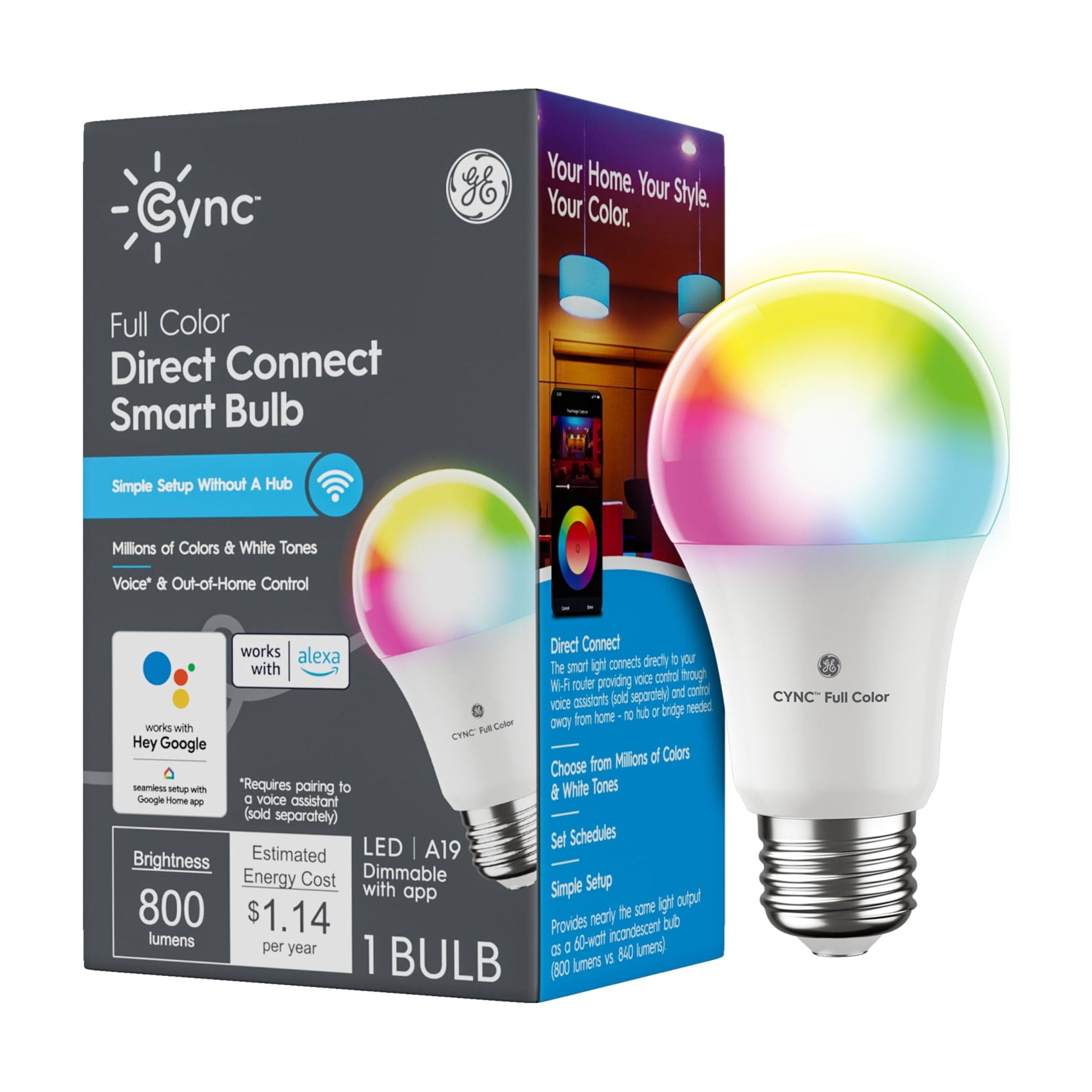 (2 pack) GE Cync A19 Smart LED Light Bulb, Color Changing Indoor Decor Lights, 60 Watts, Medium Base, 1pk