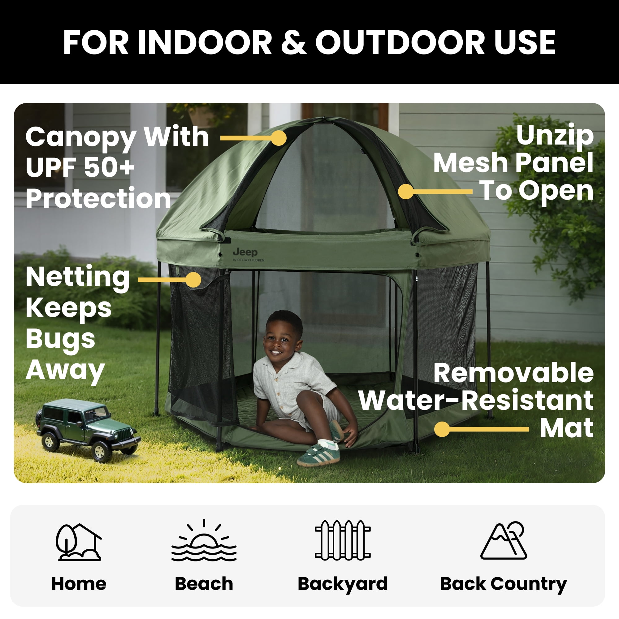 Jeep Hexagon Pop Up Play Yard with Removable Canopy - Ideal for Indoor and Outdoor Use, Olive Green