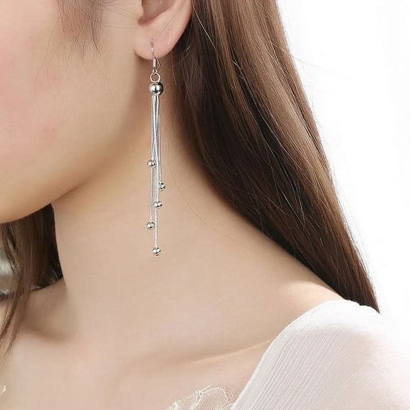 Vintage 14K White Gold Bar Long Thread Tassel Drop Earrings for Women Glossy Bead Korean Earring Fashion Jewelry