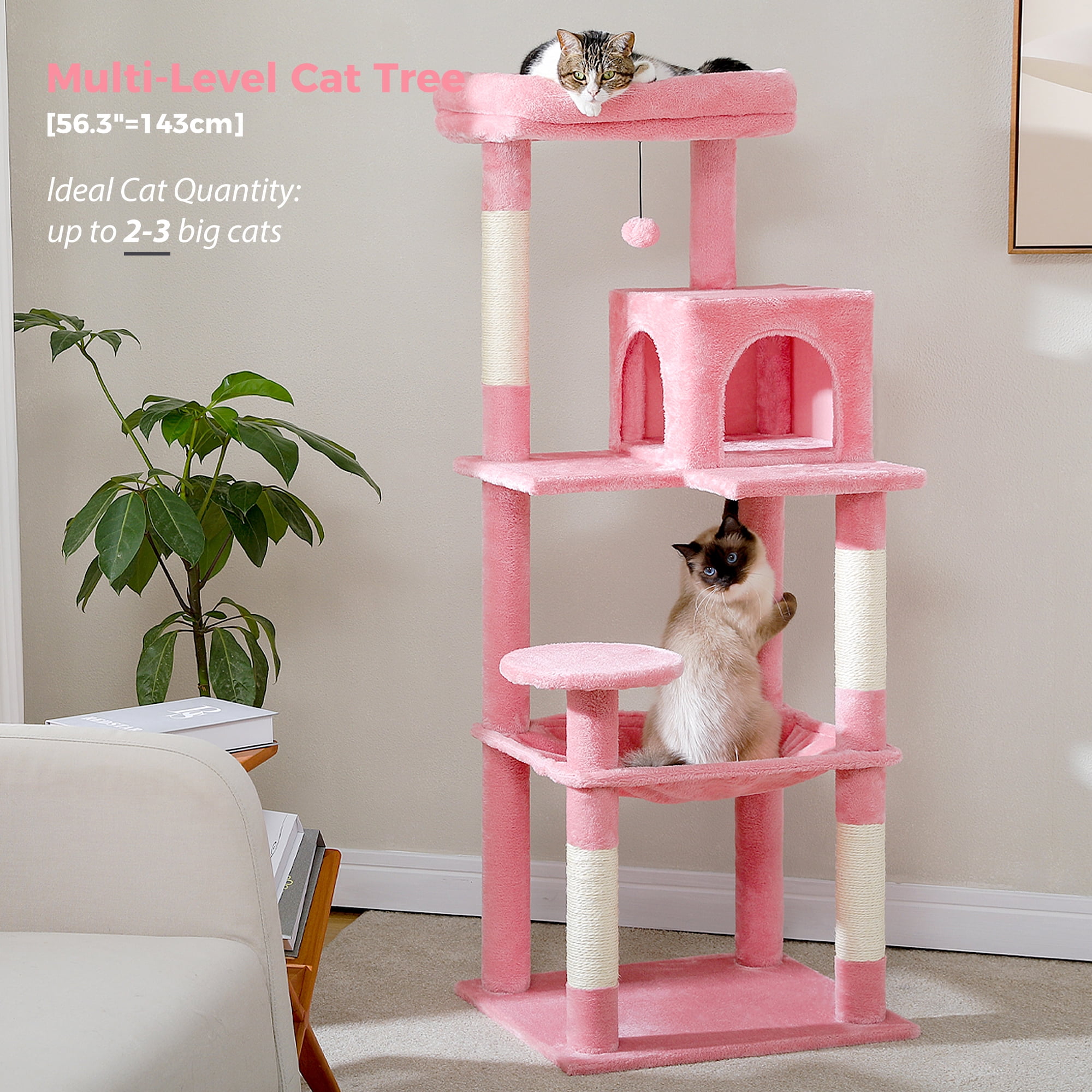 Kadyn 56" Wood Cat Tree Tower for Large Cats, Cat Tree House for Indoor Cats with Cozy Cat Condo, Super Large Hammock and Plush Perches, Pink