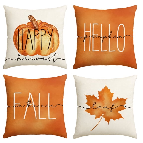 Sm:)e Fall Throw Pillow Covers 18 x 18 Set of 4 Maple Leaf Hello Pumpkin, Cushion Covers for Sofa Seasonal Home Decor, Orange