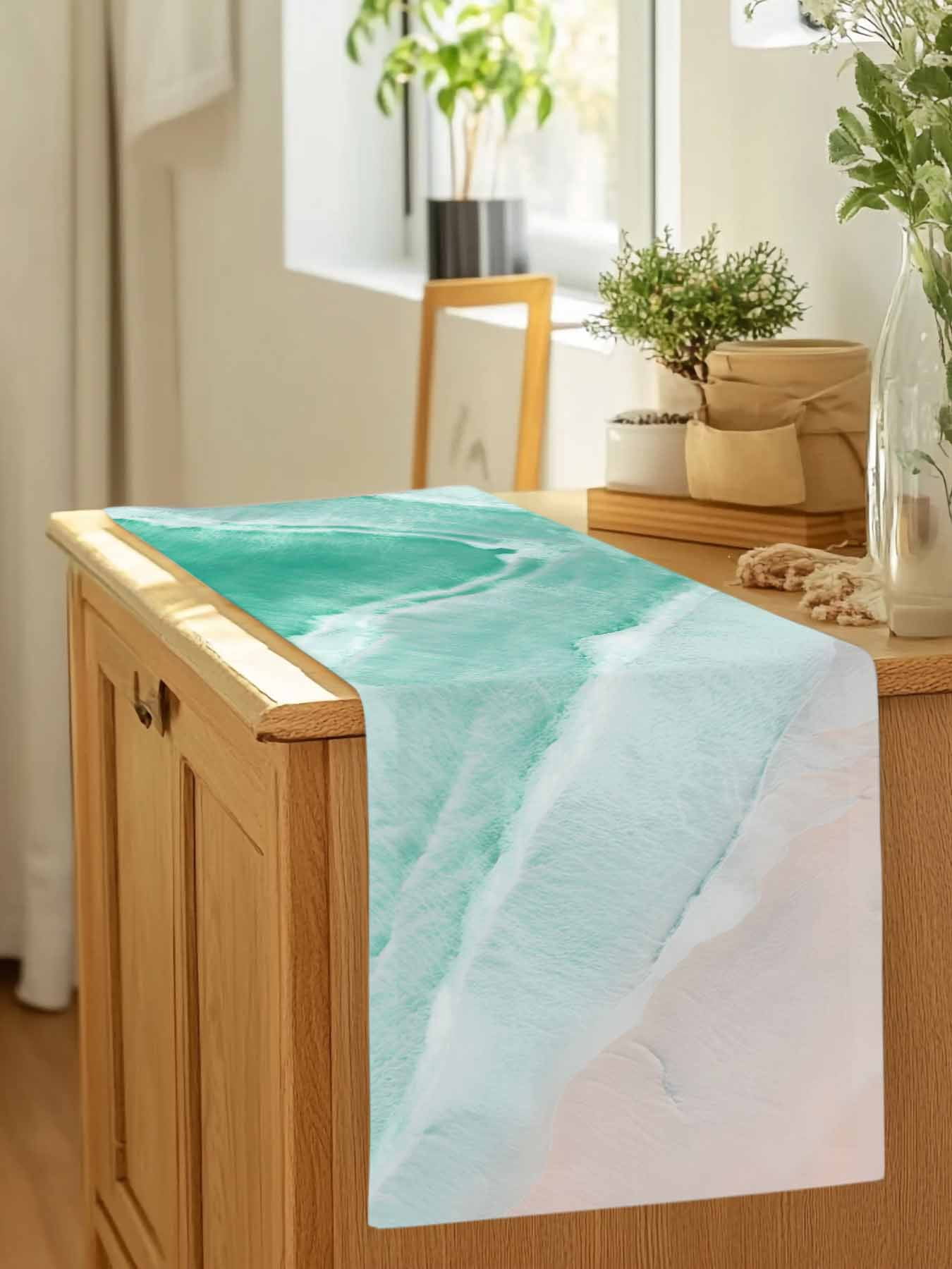 Summer Beach Green Water Ripples Table Runner 90 Inches Long, Coastal Seaside Waves Table Runners Tabletop Scarf Kitchen Dining Tables Decoration for Home Party Indoor Outdoor