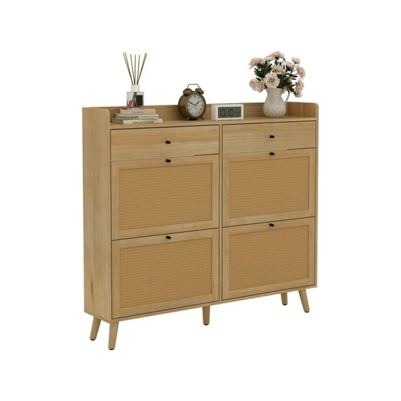 Home Shoe Cabinet with 4 Natural Rattan Flip Drawers & 2 Drawer, Hidden Free-Standing Shoe Rack, Wooden Shoe Storage Cabinet with Solid Wood Legs for Entryway Hallway, Living Room