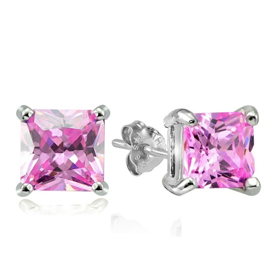 Sterling Silver 11ct Light Pink Cubic Zirconia 10mm Square Stud Earrings